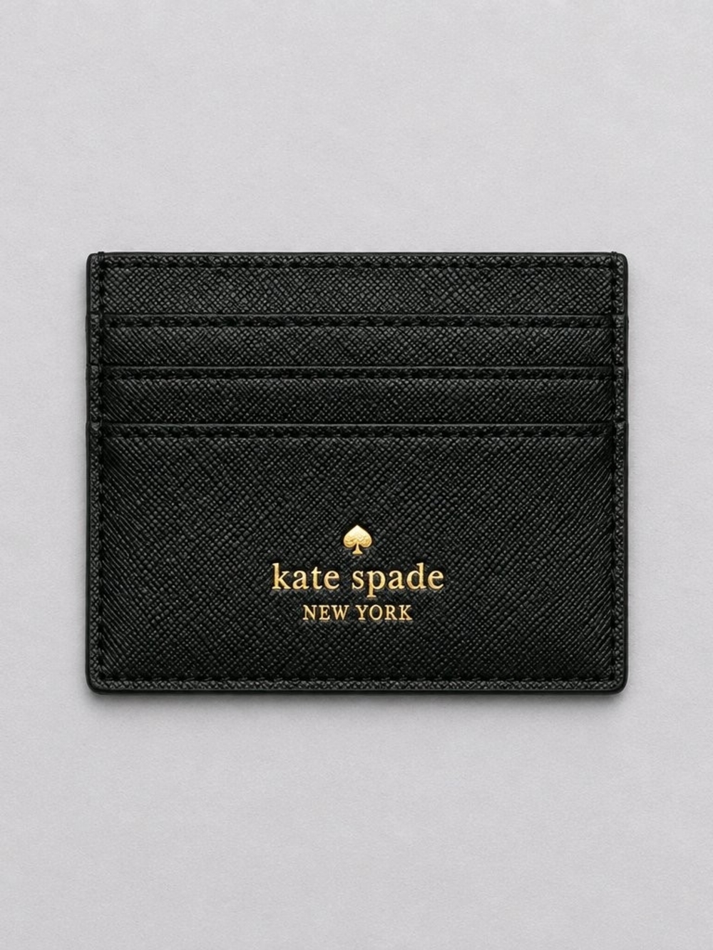 kate spade Black Leather Gold-Logo Card Case With Glitter Back